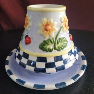 Candle Jar Shade Topper and plate Yellow Flowers Lady Bugs Blue/White Checkers